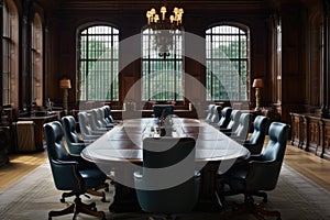 Interior of a conference room in the United States of America. A company meeting in a grand, elegant boardroom, AI Generated