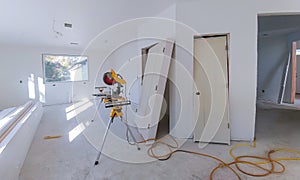 Interior construction of housing project with drywall installed door for a new home before installing