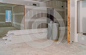 Interior construction of housing project with drywall installed door for a new home before installing