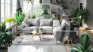 interior of contemporary living room with grey sofas and green houseplants
