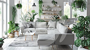 interior of contemporary living room with grey sofas and green houseplants