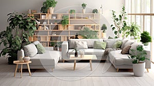 interior of contemporary living room with grey sofas and green houseplants