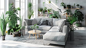 interior of contemporary living room with grey sofas and green houseplants