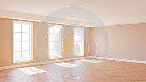 Interior Corner with Beige Walls, Parquet Floor, Three Large White Windows and a White Plinth, illuminated by the Sun with Work Pa