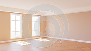 Interior Corner with Beige Walls, Parquet Floor, Two Large White Windows and a White Plinth, illuminated by the Sun with Work Path