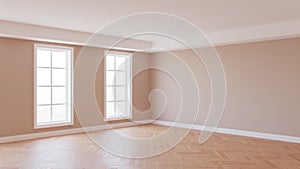 Interior Corner with Beige Walls, Parquet Floor, Two White Large Windows, and a White Plinth with Work Path on Windows. 3d render.