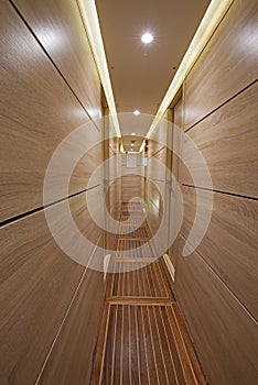 Interior of corridor area of luxury motor yacht
