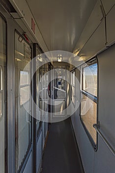 Interior of corridor of old coach from Brno to Plzen in spring morning