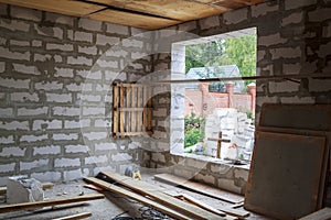 interior of a country house under construction. Site on which th