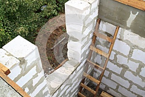 interior of a country house under construction. Site on which the walls are built of gas concrete blocks with wooden formwork