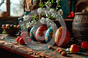 The interior of a country wooden kitchen with Easter decorations.