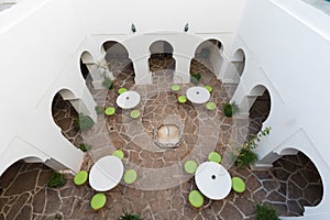 Interior courtyard of the building for accommodation, Fez, Morocco, Africa View of a traditional Moroccan Riad Islamic