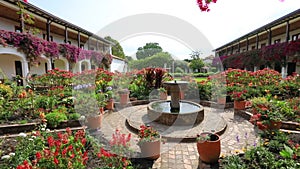 Interior courtyard flowered in colonial building Villa de Leyva Colombia daytime