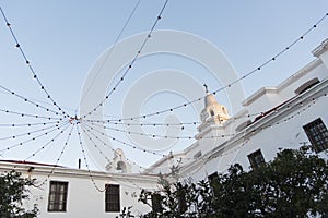 Interior courtyard of the Recoleta Cultural Center. Sky crossed by light cords