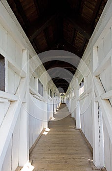 interior of covered wooden bridge by Dusan Jurkovic, Nove Mesto