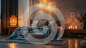 Interior of cozy bedroom at night, room with bed, lamps and wood furniture. Brown design, lights and poster. Theme of rustic style