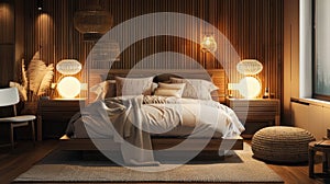 Interior of cozy bedroom at night, room with bed, lamps and wood furniture. Brown design, lights and posters. Theme of style, home