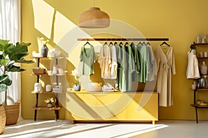 Interior of a cozy bright boutique of women's clothing and accessories. Beautiful women's wardrobe. Collection photo