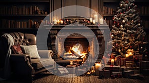 Interior of cozy classic living room with Christmas decor. Blazing fireplace, garlands and burning candles, elegant