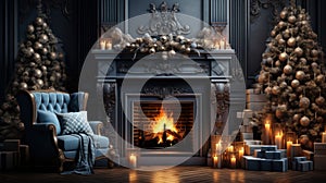 Interior of cozy classic living room with Christmas decoration. Blazing fireplace, garlands and burning candles, elegant