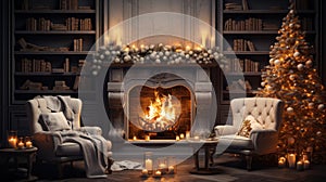 Interior of cozy classic living room with Christmas decoration. Blazing fireplace, garlands and candles, elegant