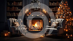 Interior of cozy classic living room with Christmas decoration. Blazing fireplace, wreath, garlands and burning candles