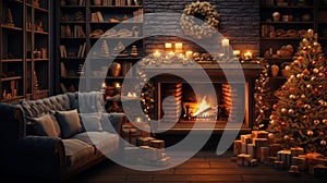 Interior of cozy classic living room with Christmas decoration. Blazing fireplace, wreath, garlands and burning candles