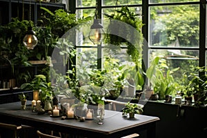 interior of a cozy coffee shop with plants, flowers and candles