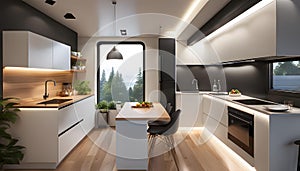 interior of a cozy and compact kitchen in a tiny house. The kitchen exudes modern elegance with clean lines, warm lighting photo