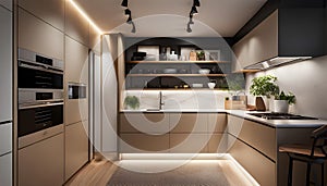 interior of a cozy and compact kitchen in a tiny house. The kitchen exudes modern elegance with clean lines, warm lighting