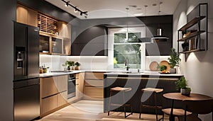 interior of a cozy and compact kitchen in a tiny house. The kitchen exudes modern elegance with clean lines, warm lighting