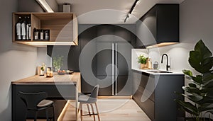 interior of a cozy and compact kitchen in a tiny house. The kitchen exudes modern elegance with clean lines, warm lighting