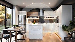 interior of a cozy and compact kitchen in a tiny house. The kitchen exudes modern elegance with clean lines, warm lighting