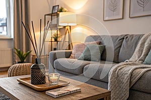 Cozy living room with grey sofa and reed diffuser