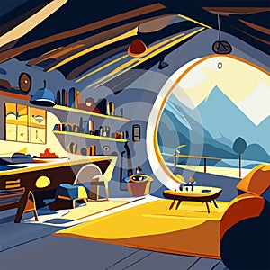 Interior of cozy living room with furniture and view on mountains. Cartoon vector AI Generated
