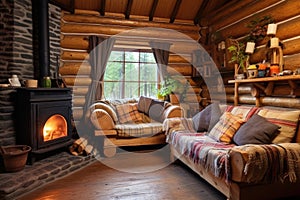 interior of cozy log cabin with rustic decor