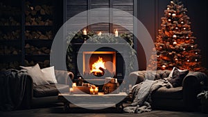 Interior of cozy modern living room with Christmas decor. Blazing fireplace, garlands and burning candles, elegant