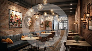 Interior of cozy modern restaurant with a bar counter and lamp lighting