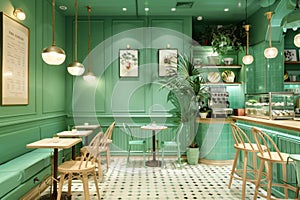 Interior of cozy restaurant in the modern style in green colors