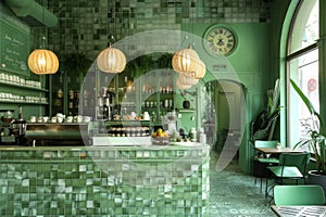 Interior of cozy restaurant in the modern style in green colors