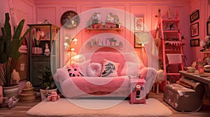 Interior of a cozy room in Barbie style