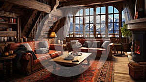 Interior of a cozy room in the style of a Swiss chalet photo