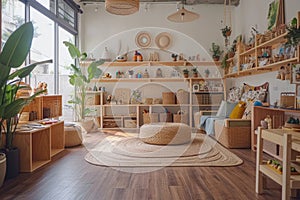 Interior of cozy Scandinavian eco-friendly children's room in a modern house or apartment. Soft natural hues, wooden