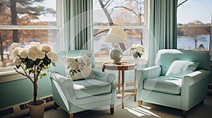 Interior of cozy terrace in house with big windows and two chairs