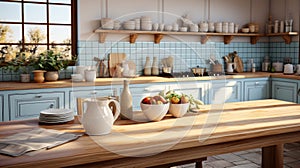 Interior of cozy vintage kitchen country style. Wooden dining table and chairs, light blue furniture, open shelves with