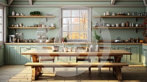 Interior of cozy vintage kitchen provence style. Wooden dining table, bench and chairs, pistachio furniture, houseplants