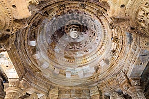 Interior crafted designs roof on rocks at Sun Temple Modhera