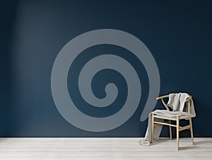 Interior with dark blue green wall wooden chair and empty wall for copy space