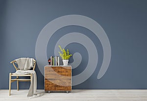 Interior with dark blue green wall wooden chair and wood side table sideboard empty wall for copy space