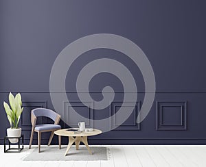 Interior with dark blue wall chair and wooden floor, empty wall for copy space. Art deco style